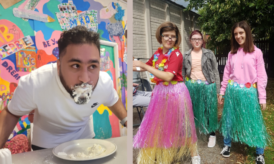 Image of young man with custard pie on his face, and three young girl wearing Hawaiian costumes.